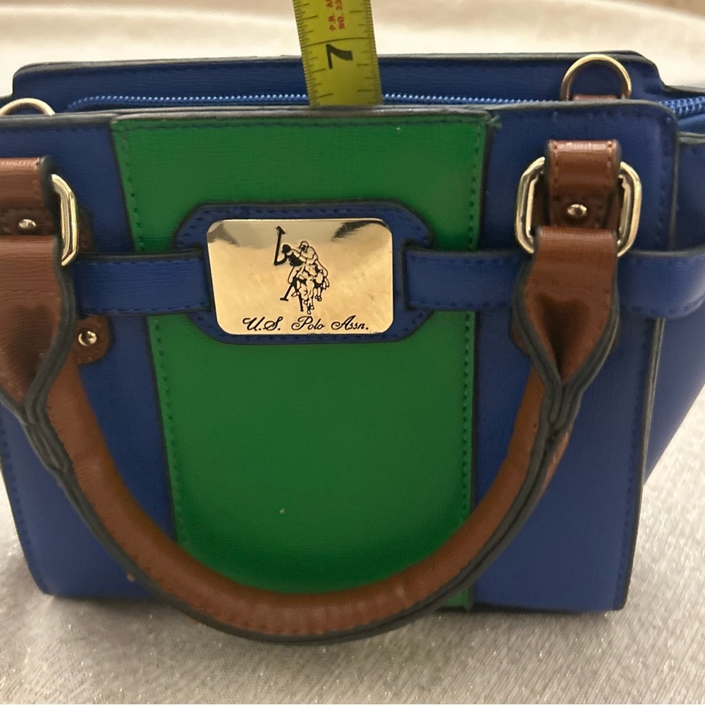 U.S. Polo Assn Satchel Handbag Blue w/Green Stripe Brown Handles Gold Hardware - Picture 13 of 14